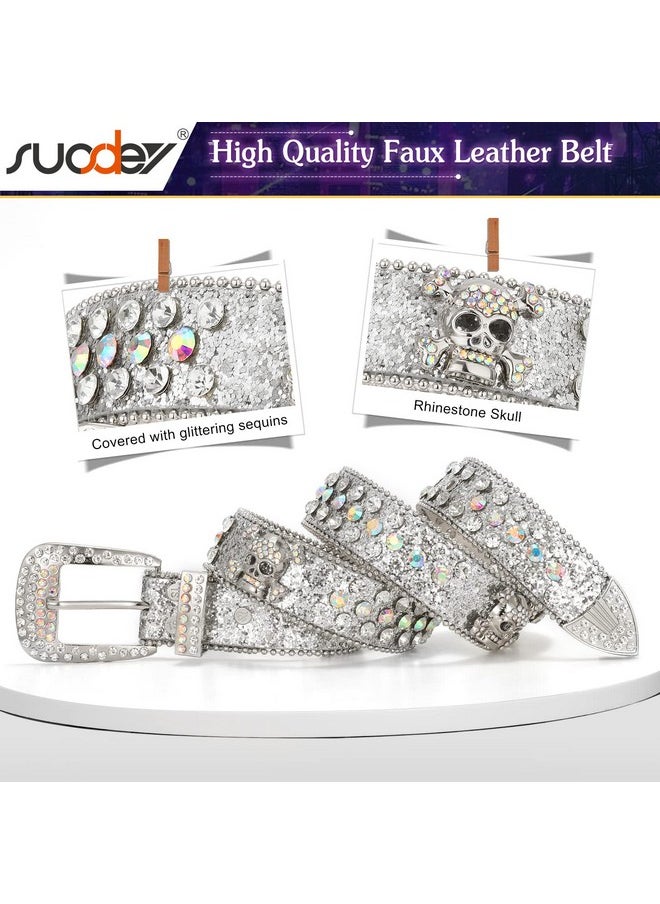 Skull Rhinestone Belt For Men Women Sparkly Bling Diamond Sequin Studded Belt Western Cowgirl Cowboy Belt, Silver