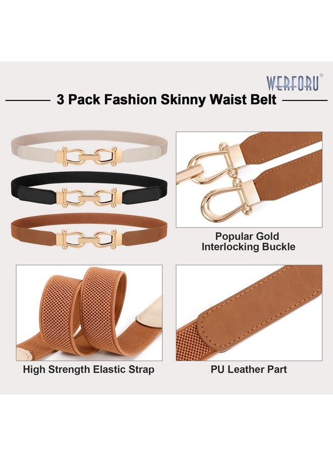 3 Pack Women Ladies Skinny Elastic Waist Belt Gold Buckle Stretchy Thin Belt For Dress Jeans,Black+Brown+Beige