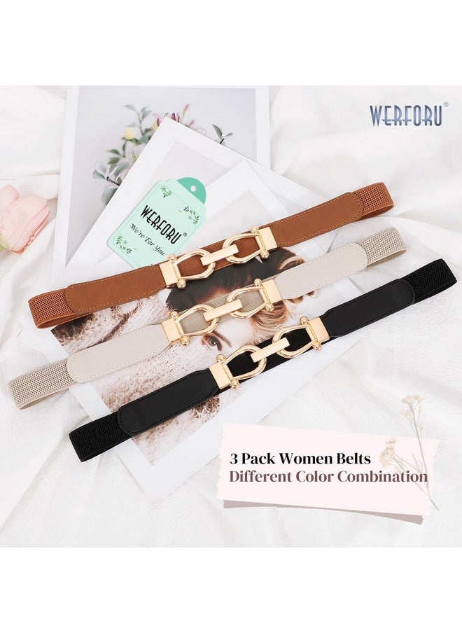 3 Pack Women Ladies Skinny Elastic Waist Belt Gold Buckle Stretchy Thin Belt For Dress Jeans,Black+Brown+Beige