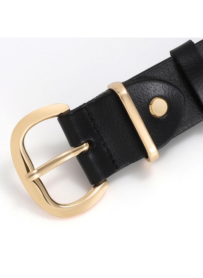 Women Leather Belt For Jeans Pants Dresses Black Ladies Waist Belt With Gold Buckle, Black, M