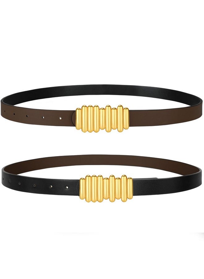 Fashion Women Reversible Belts For Dresses Jeans Pants, Two-In-One Skinny Belt For Women With Gold Buckle, Black/Coffee M