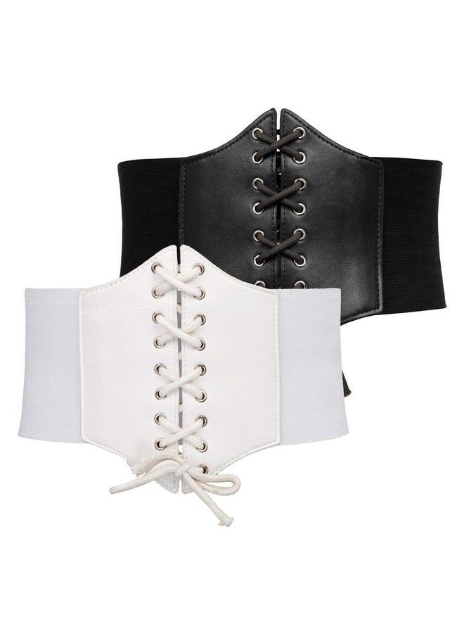 Women Elastic Wide Band Tied Corset Waist Cincher Belt(Xl,Black+White 499)