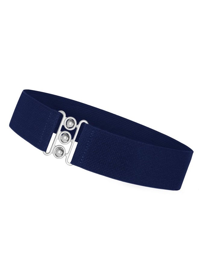 Vintage Elastic Wide Belt For Women, Fashion Stretchy Belt With Silver Buckle For Jeans Pants Dresses Navy Blue S