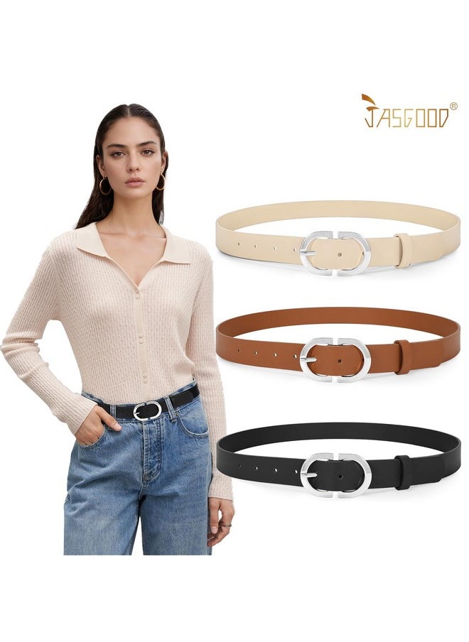 3 Pack Women Faux Leather Belts For Jeans Pants Fashion Dresses Ladies Belt With Silver Buckle,Black+Brown+Beige