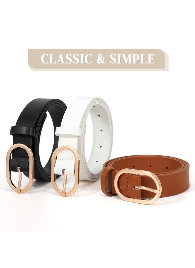 3 Pack Plus Size Women'S Leather Belts For Jeans Pants Dress Fashion Gold Buckle Ladies Waist Belt,Black Brown White