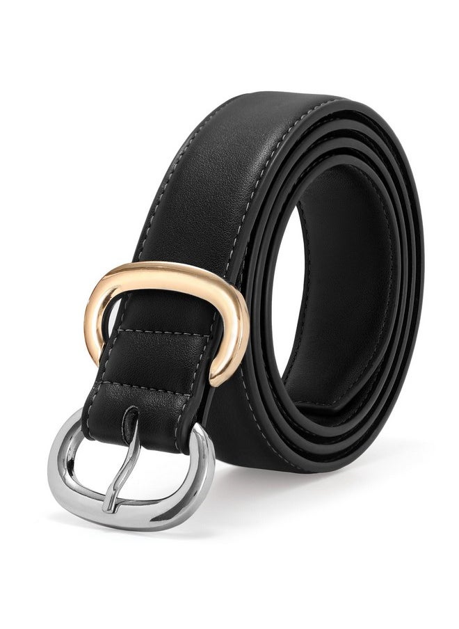 Women Leather Belt For Jeans Pants Fashion Ladies Faux Leather Dress Belt With Gold Silver Buckle, Black, 110Cm