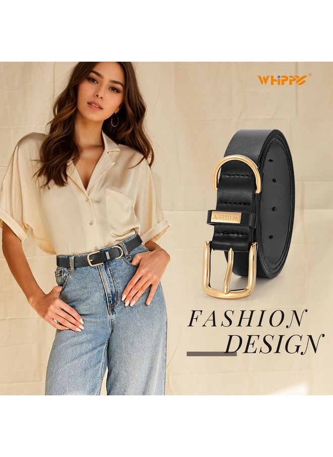 Women Leather Belt Fashion Ladies Waist Belt With Gold Buckle Casual Leather Belt For Jeans Pants Dresses, Black, Xxl