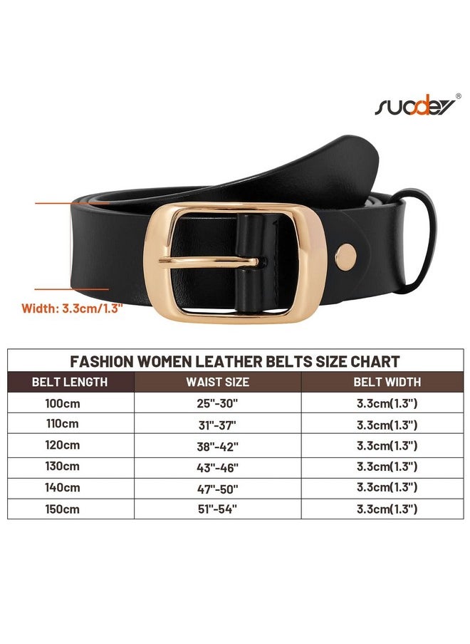 Fashion Womens Genuine Leather Belt, Waist Belt For Jeans Pants, Black Belt With Gold Buckle,1.3'' Width,X-Large: Fits Waist From 43''-46''