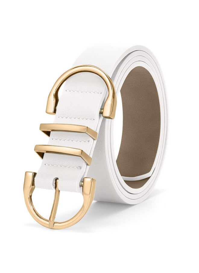 Gold Buckle Belt For Women Leather Belt Ladies Fashion Waist Belt For Jeans Pants Dresses, White, Fit Waist Size 25-30