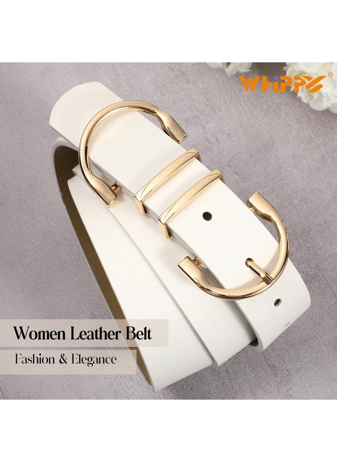 Gold Buckle Belt For Women Leather Belt Ladies Fashion Waist Belt For Jeans Pants Dresses, White, Fit Waist Size 25-30