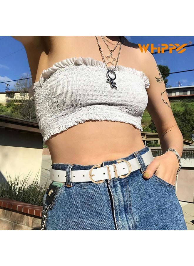 Gold Buckle Belt For Women Leather Belt Ladies Fashion Waist Belt For Jeans Pants Dresses, White, Fit Waist Size 25-30