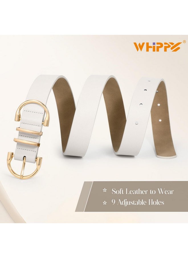 Gold Buckle Belt For Women Leather Belt Ladies Fashion Waist Belt For Jeans Pants Dresses, White, Fit Waist Size 25-30