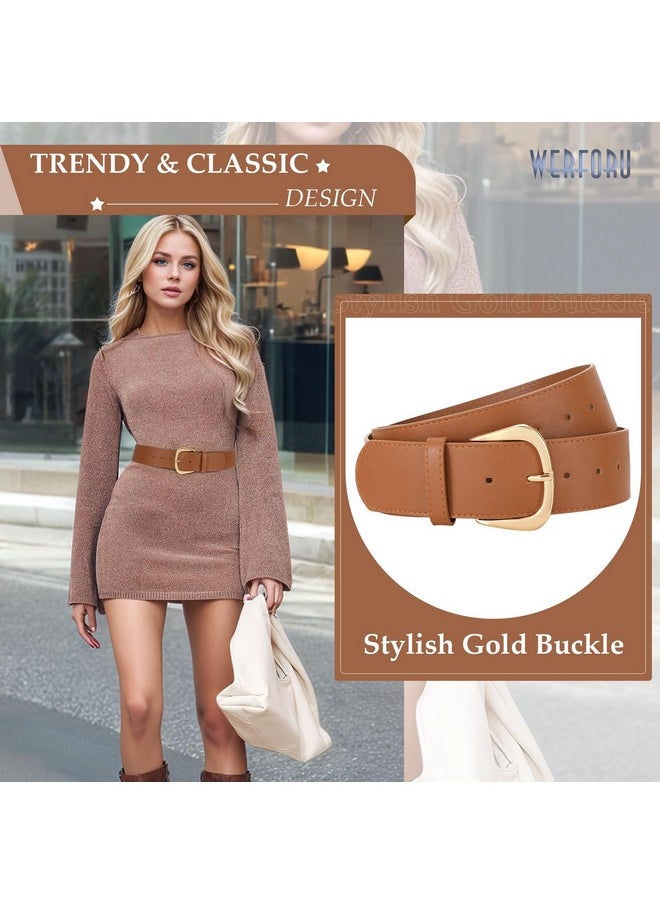 Women Wide Leather Belt Women Fashion Wide Belt For Dresses Jeans Ladies Fashion Wide Belt With Gold Buckle,Brown,Fit Waist Size 32