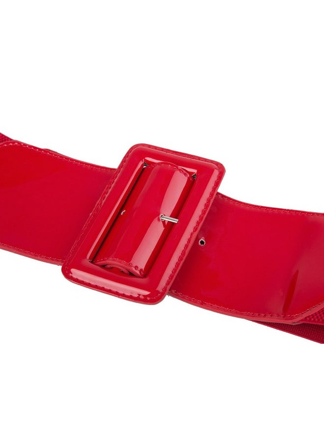 Womens Covered Buckle Stretchy Waist Patent Leather Skinny Belt Red L