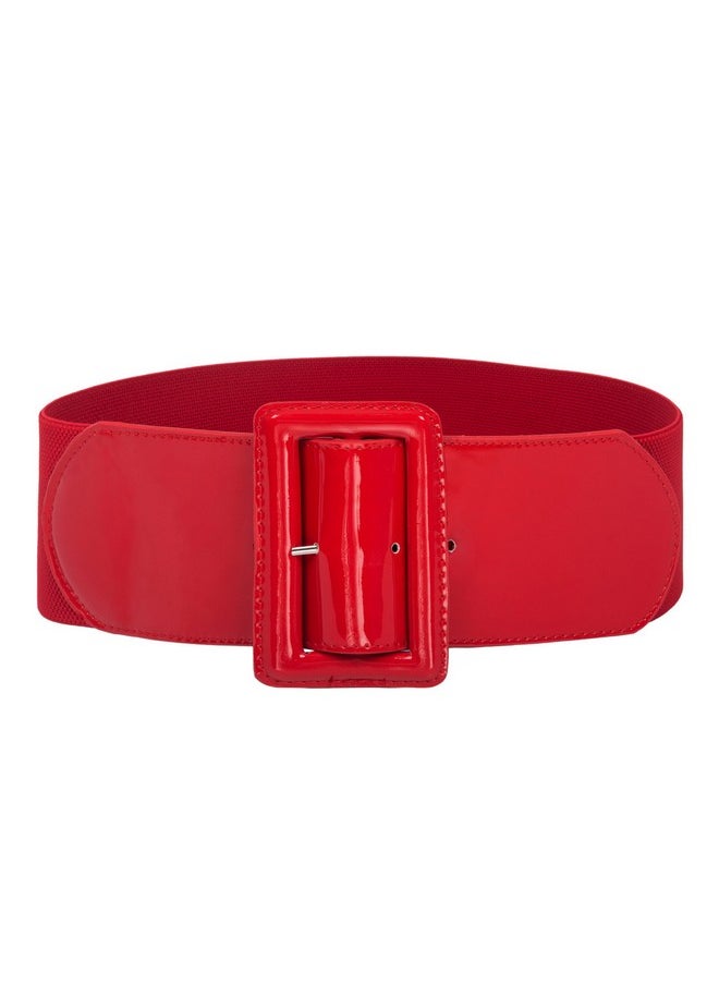 Womens Covered Buckle Stretchy Waist Patent Leather Skinny Belt Red L