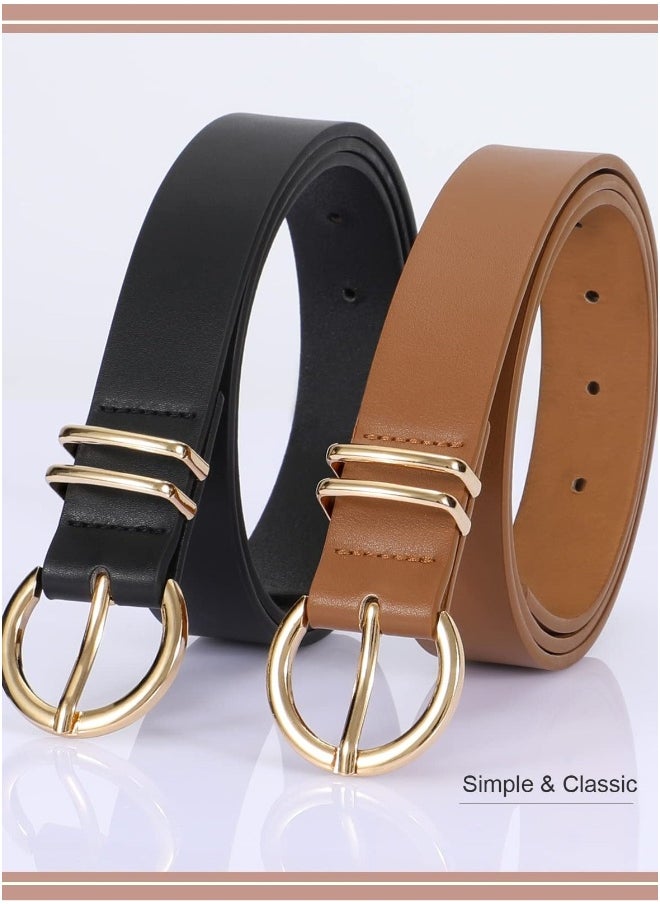 Women’s Leather Belts for Jeans Dresses Fashion Gold Buckle Ladies Waist Belt,2 Pack