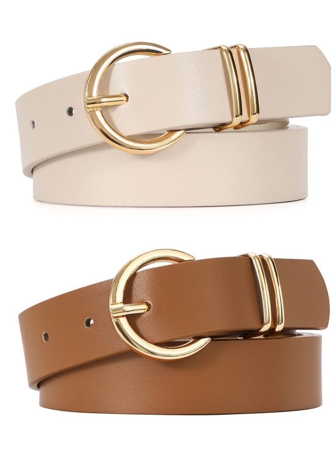 Women’s Leather Belts for Jeans Dresses Fashion Gold Buckle Ladies Waist Belt,2 Pack