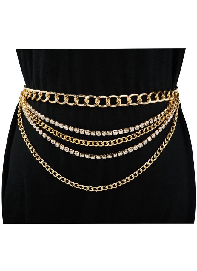 Multilayer Chain Belts For Women Rhinestone Waist Belt Punk Gorgeous Chain For Ladies Dresses Gold Plus Size 150Cm/59In