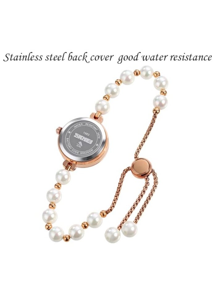 Skmei Watches for Women Elegant Bracelet Set Rose Gold Rhinestone Wrist Watch with Natural Pearls Bangles Ladies Bracelet Watche white