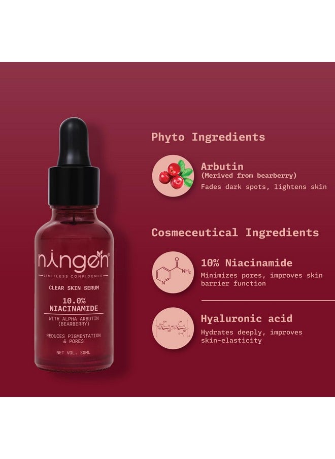 Clear Skin Serum - 10% Niacinamide, Hyaluronic Acid With Arbutin For Dark Spots Removal | Reduce Pigmentation, Wrinkles & Minimize Pores | All Skin Types | Women & Men (30Ml)