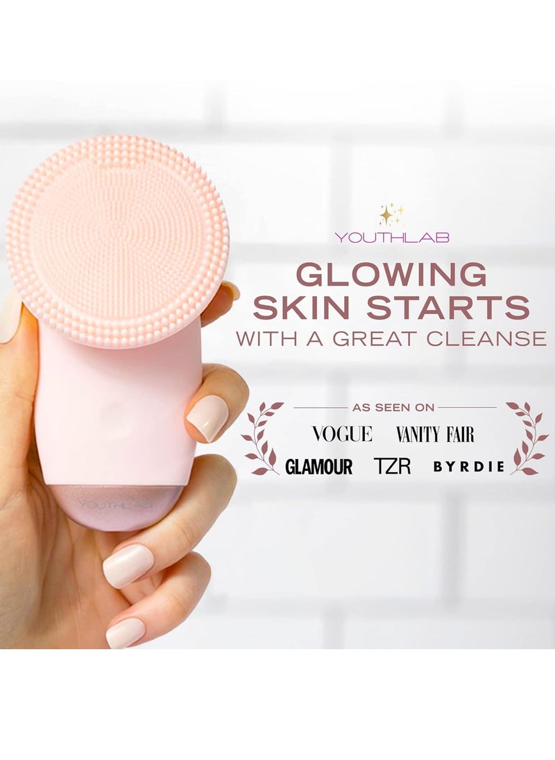 YouthLab SoniGlow, Pink, Silicone Facial Skin Cleansing Brush, Electric, Vibrating, Scrubber, Hygienic, Exfoliation, Massage, Firm, Tone, Blackheads, Pores, Waterproof, Rechargeable, Makeup Removal