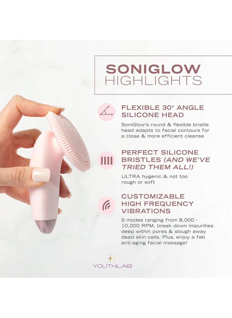 YouthLab SoniGlow, Pink, Silicone Facial Skin Cleansing Brush, Electric, Vibrating, Scrubber, Hygienic, Exfoliation, Massage, Firm, Tone, Blackheads, Pores, Waterproof, Rechargeable, Makeup Removal