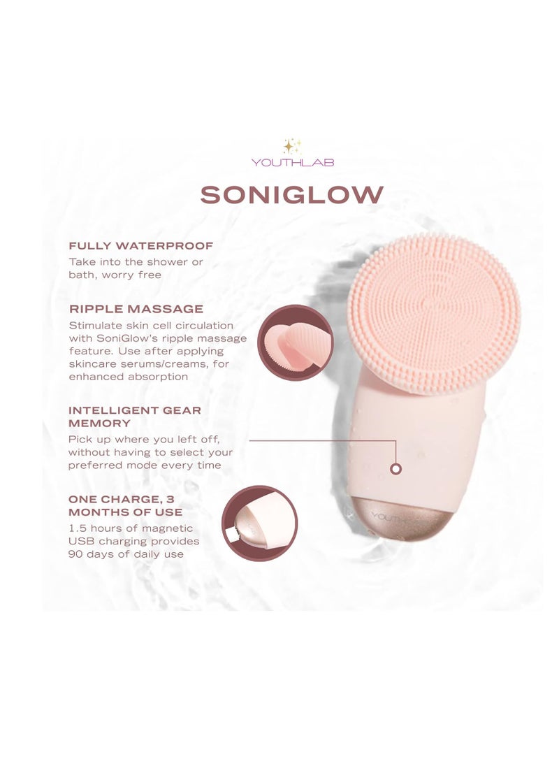 YouthLab SoniGlow, Pink, Silicone Facial Skin Cleansing Brush, Electric, Vibrating, Scrubber, Hygienic, Exfoliation, Massage, Firm, Tone, Blackheads, Pores, Waterproof, Rechargeable, Makeup Removal