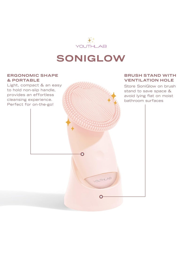 YouthLab SoniGlow, Pink, Silicone Facial Skin Cleansing Brush, Electric, Vibrating, Scrubber, Hygienic, Exfoliation, Massage, Firm, Tone, Blackheads, Pores, Waterproof, Rechargeable, Makeup Removal