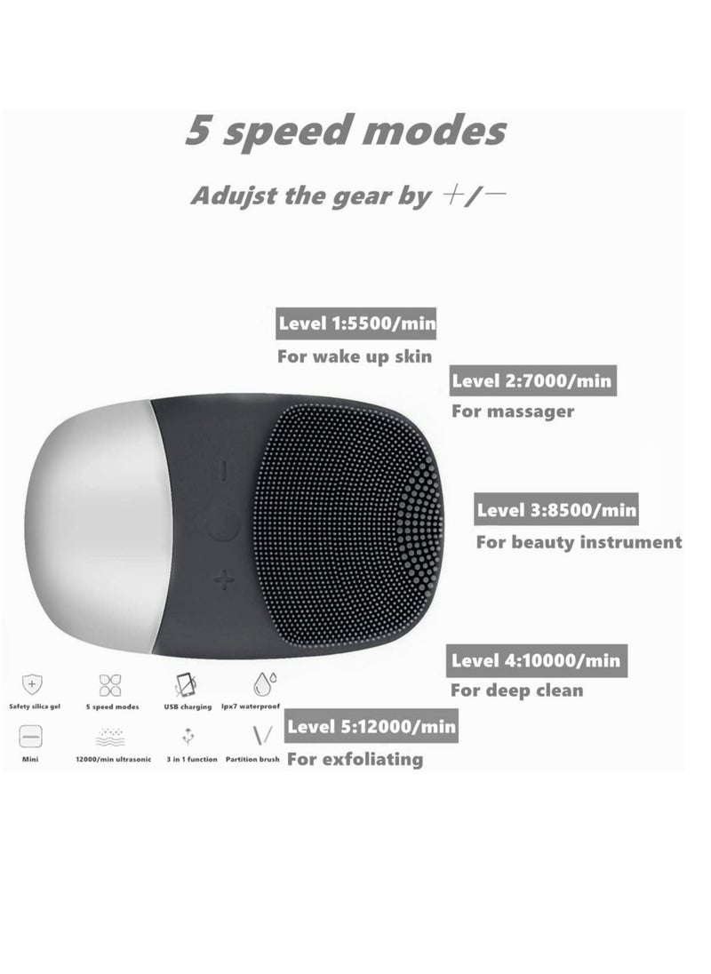 MEGAN Facial Cleansing Brush,USB Rechargeble Electric Silicone Face Scrubber,IPX7 Waterproof Sonic Facial Massager, 3 in 1 face Brush for Deep Cleanning, Blackhead Remover, Exfoliating.（Black）