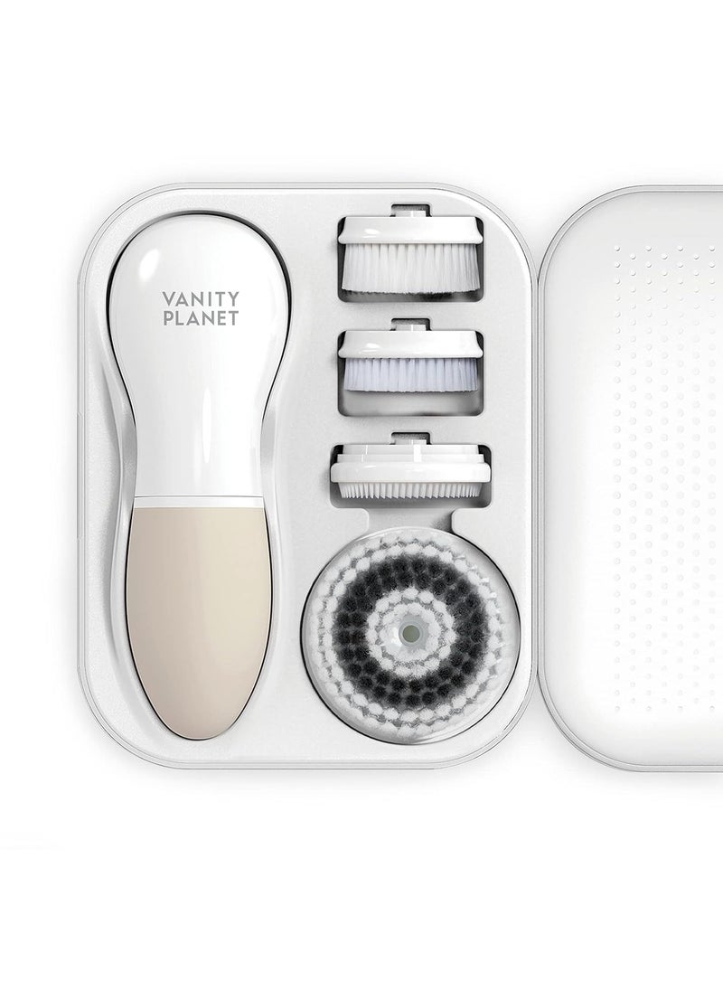 Raedia Handheld Facial Cleansing Brush with 4 Interchangeable Brush Heads by Vanity Planet - Lightweight Daily Cleansing Brush for Glowing Skin - Water Resistant Face Exfoliator - Warm Grey
