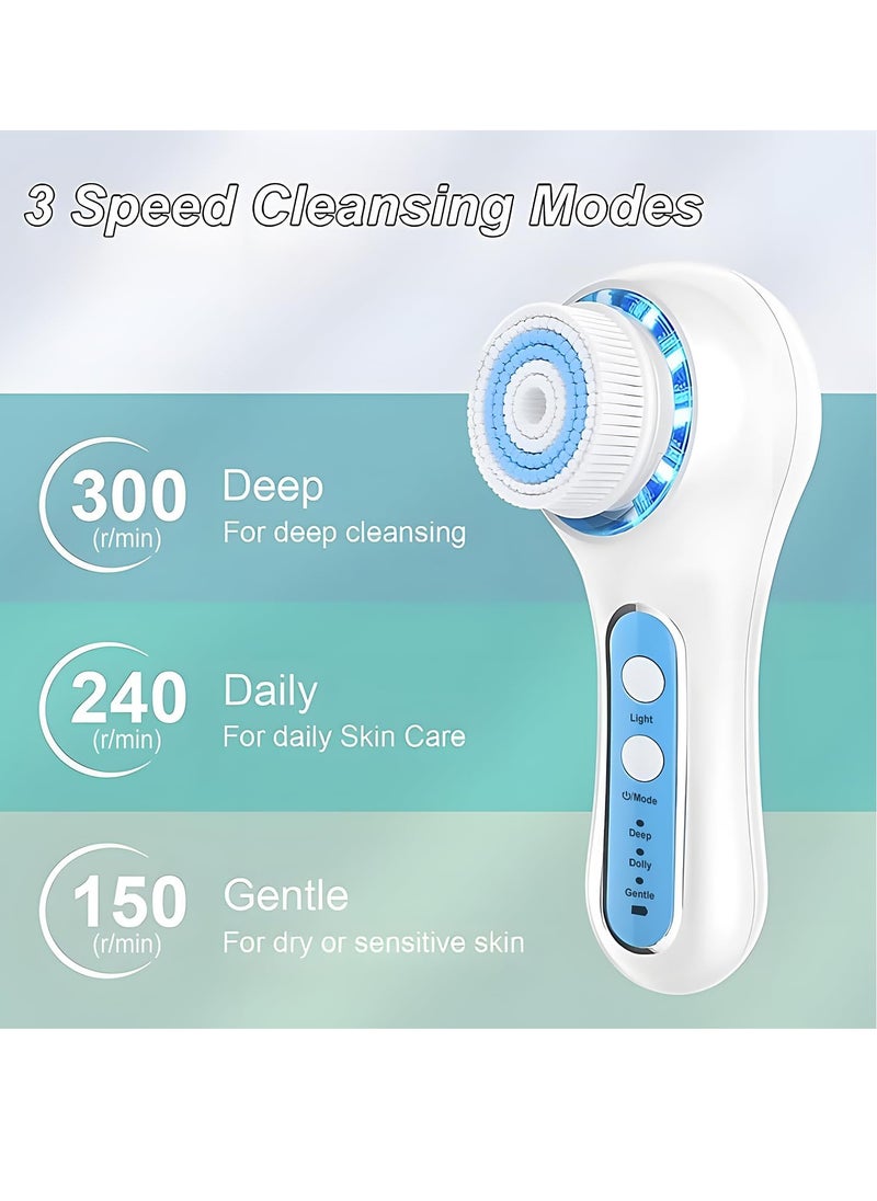 Facial Cleansing Brush, IPX7 Waterproof Face Scrubber with 3 Speed Modes, Face Brushes for Cleansing and Exfoliating with 5 Brush Heads, 1000mAh USB Rechargeable (Light Blue)