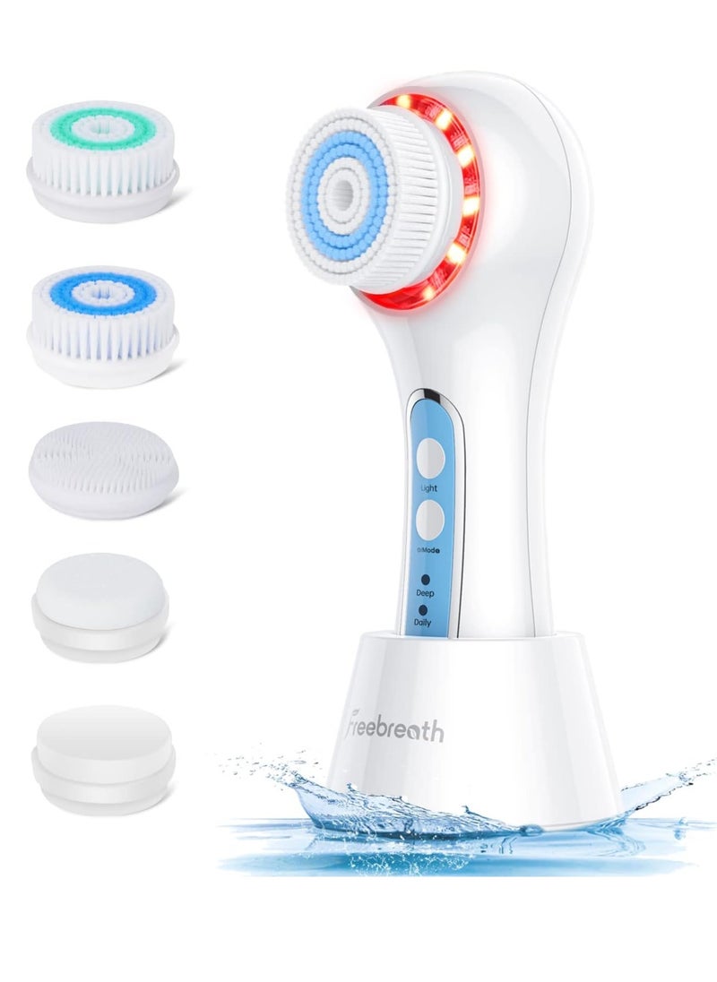 Facial Cleansing Brush, IPX7 Waterproof Face Scrubber with 3 Speed Modes, Face Brushes for Cleansing and Exfoliating with 5 Brush Heads, 1000mAh USB Rechargeable (Light Blue)