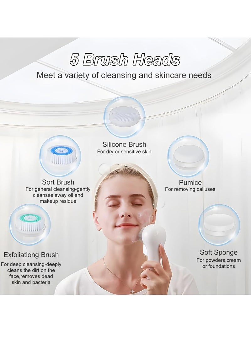 Facial Cleansing Brush, IPX7 Waterproof Face Scrubber with 3 Speed Modes, Face Brushes for Cleansing and Exfoliating with 5 Brush Heads, 1000mAh USB Rechargeable (Light Blue)