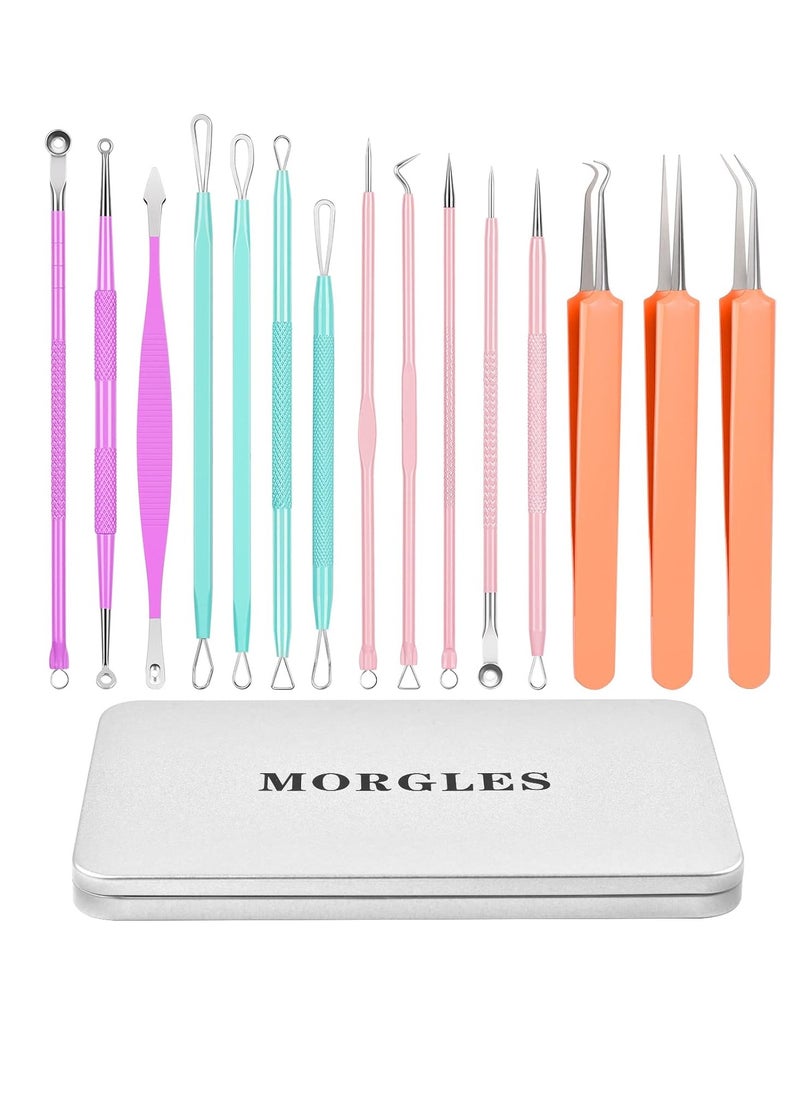 Blackhead Remover Tools, MORGLES 15PCS Pimple Popper Tool Kit Professional Stainless Comedone Pimple Extractor Tool for Blackhead Blemish Zit Removing with Metal Case 2024 Latest