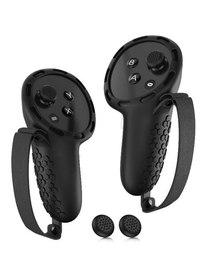 Controller Grips for Oculus Quest 3 Comfortable Silicone Cover with Controller Hand Straps 2Pcs Rocker Cap and Joystick Protection Reserve Precise Hole Positions Black