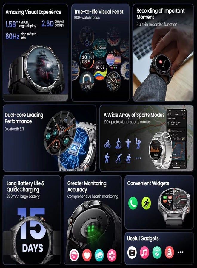 Smartwatch 1.58 AMOLED Display, 15 Days Battery Life, Health and Fitness Tracking, Notifications Alerts, 100+ Sports Modes, Dynamic Watch Faces and Supports NFC Access Control SOLAR-5 Silver