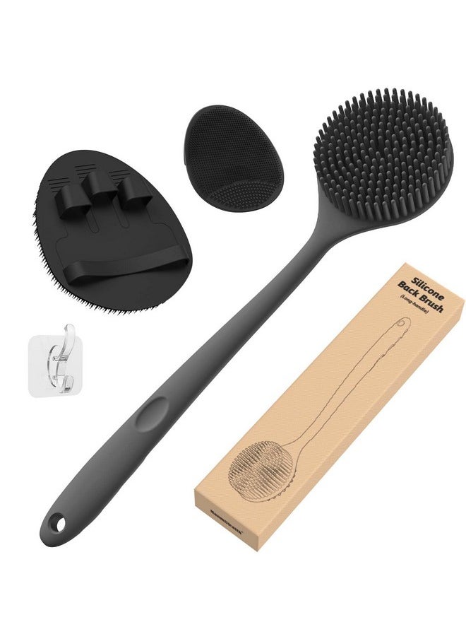 Silicone Back Scrubber (Thick Bristles) & Bath Glove & Face Brush Set(3Pcs), Super-Exfoliating & Lathering Body Scrubber, Shower Brush, Face Scrubber Combination, With A Free Hook.(Black)