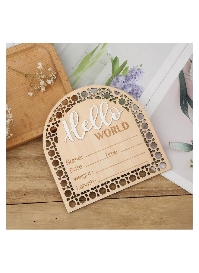 Wooden Newborn Announcement Sign, Rattan Hello World Birth Announcement Sign, Baby Name Plaque for Girl Boy Photo Prop Baby Shower Nursery Hospital, Baby Shower Gift