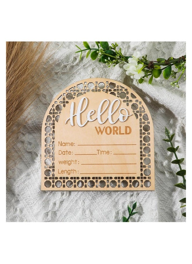 Wooden Newborn Announcement Sign, Rattan Hello World Birth Announcement Sign, Baby Name Plaque for Girl Boy Photo Prop Baby Shower Nursery Hospital, Baby Shower Gift