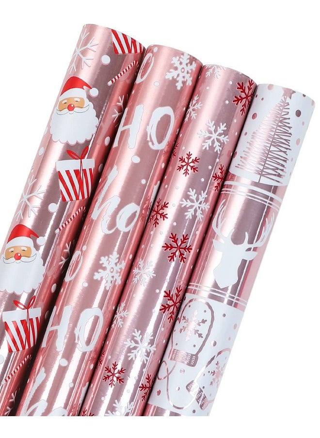 Christmas Wrapping Paper Roll - Rose Gold Santa, Snowflakes And Reindeer Holiday Collection With Metallic Foil Shine - 4 Rolls - 30 Inch X 120 Inch Per Roll