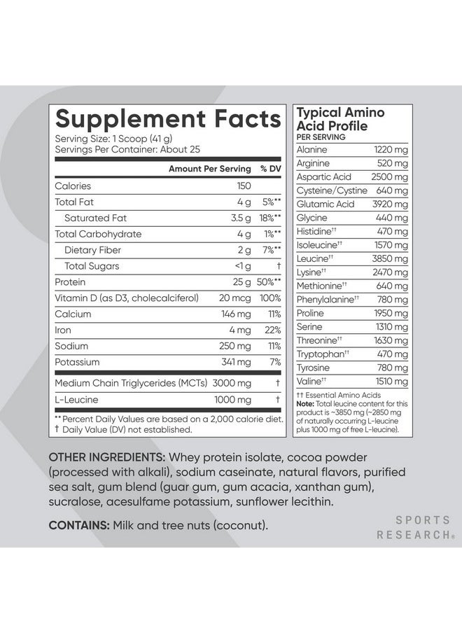 Sports Research Whey Protein Isolate - Sports Nutrition Protein Powder 25g per Scoop - 2lb Bag Whey Protein - Dutch Chocolate Bulk Protein Powder, 25 Servings