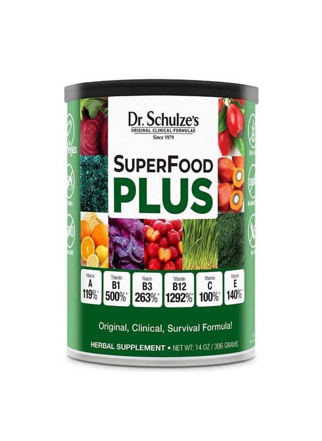 Dr. Schulze’s SuperFood Plus | Vitamin and Mineral Herbal Concentrate | Daily Nutrition | Gluten-Free and Non-GMO | Vegan | 14 Ounce Powder | Packaging May Vary