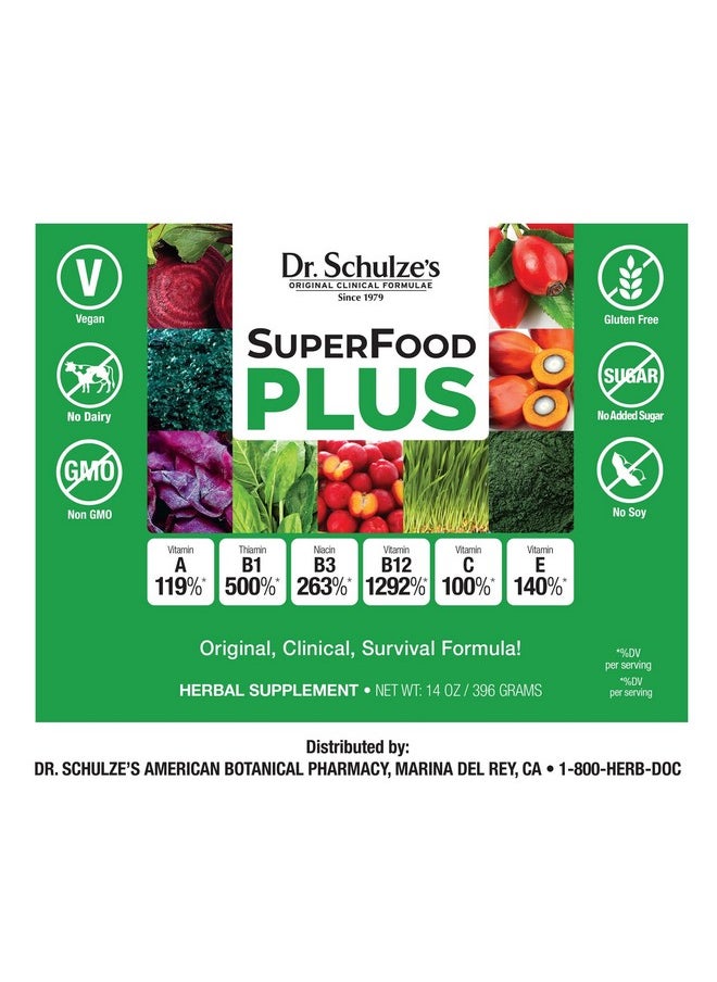 Dr. Schulze’s SuperFood Plus | Vitamin and Mineral Herbal Concentrate | Daily Nutrition | Gluten-Free and Non-GMO | Vegan | 14 Ounce Powder | Packaging May Vary