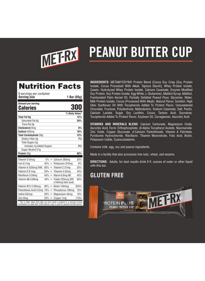 MET-Rx Protein Plus Bar, Great as Healthy Meal Replacement, Snack, and Help Support Energy, Gluten Free, Peanut Butter Cup, With Vitamin A, Vitamin C, and Zinc to Support Immune Health, 85 g,9 Count