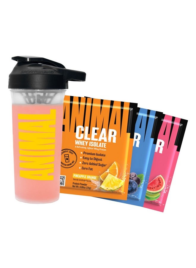 Animal Clear Whey Protein Isolate Sampler Pack & Shaker Bottle - Deliciously Juicy 20g Protein, Watermelon Limeade, Blueberry Acai, Pineapple Orange, 3 Single-Serving Packets