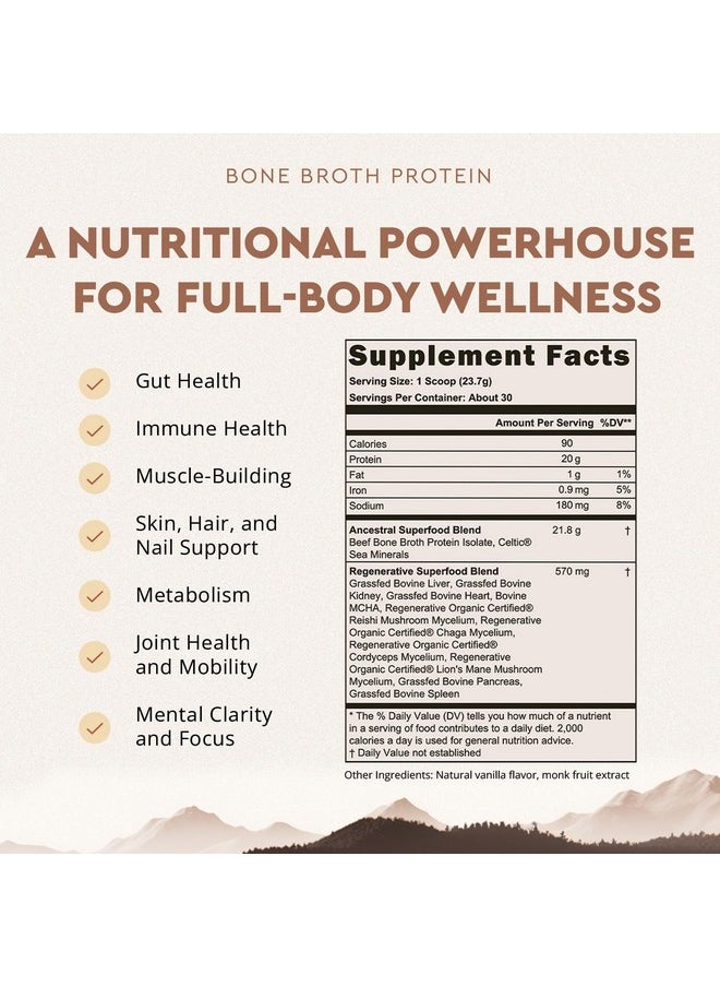 Ancestral Supplements Grass Fed Protein Powder, Vanilla, Beef Bone Broth Based with Beef Organs & Organic Mushrooms, Gut Health Support, High Protein Supplement, 20g Protein Per Serving, 30 Day Supply