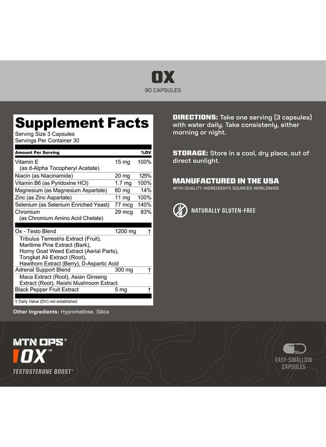 MTN OPS Ox Testosterone Booster, Testosterone Supplement for Men Blend with Tribulus Terrestris & Adrenal Support Blend with Maca Root Capsules, 30 Servings