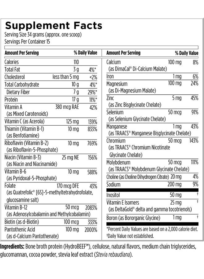 Designs for Health Pure PaleoMeal - Bone Broth Protein Powder with 17g Protein, Meal Replacement Shake Dietary Supplement with Active Folate + Chelated Minerals, Chocolate (15 Servings / 510g)