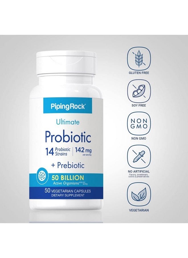 Piping Rock Probiotic Multi Enzyme | 50 Capsules | 142mg | with Prebiotics | Digestive Formula for Men and Women | 14 Strains | 50 Billion Active Organisms | Non-GMO & Gluten Free Supplement