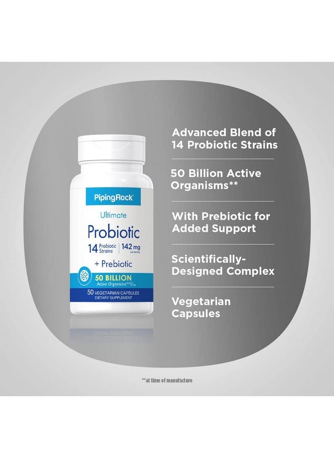 Piping Rock Probiotic Multi Enzyme | 50 Capsules | 142mg | with Prebiotics | Digestive Formula for Men and Women | 14 Strains | 50 Billion Active Organisms | Non-GMO & Gluten Free Supplement